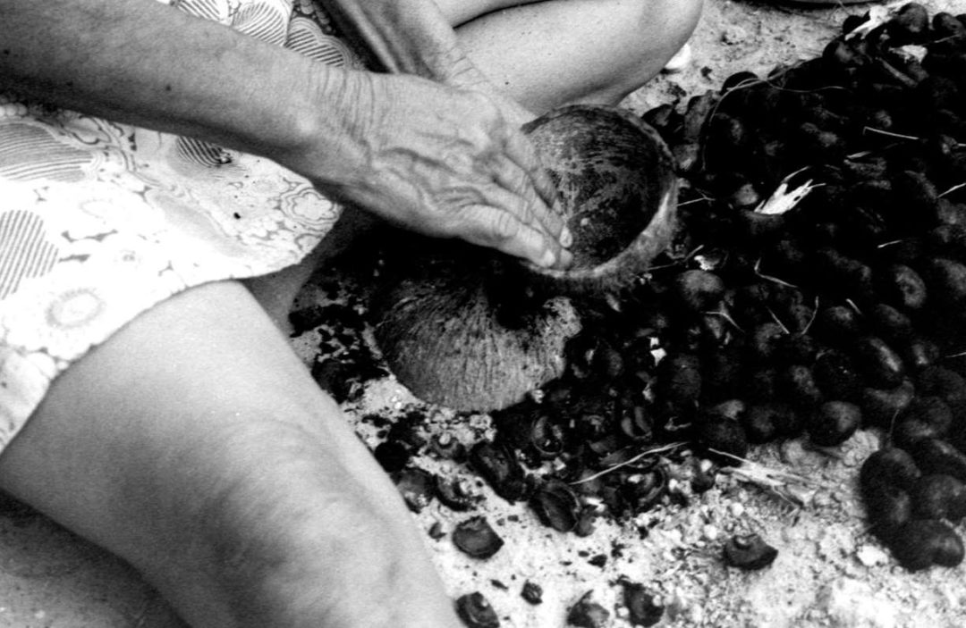 Dona Toinha, moradora de Suape, quebrando as castanhas de caju assadas por ela.